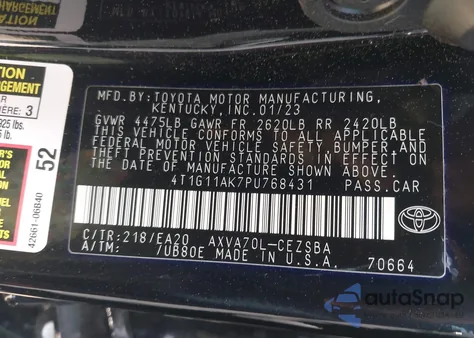 2023 Toyota Camry Se из США, поврежденный, VIN 4T1G11AK7PU768431